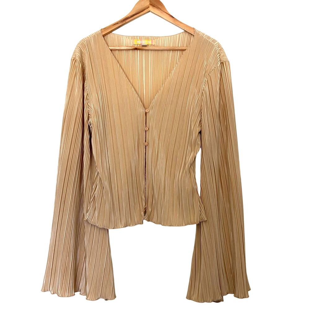 Urban Outfitters Plisse Pleated Blouse Gold Size XL Bell Sleeve Cardigan Y2K